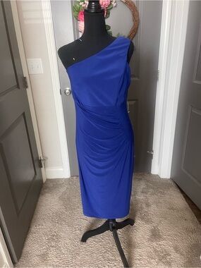 Elegant One-Shoulder Sheath Dress in Cobalt Blue Size 12 NWT